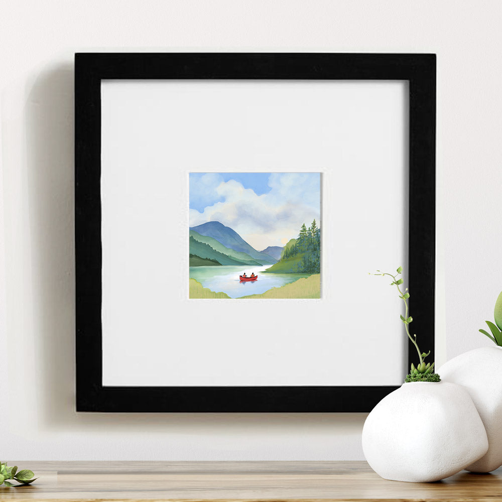 Red Canoe, Adirondack Park Framed Mini Print, Hand Painted, 4x4 in 8x8 Frame, Made in the USA