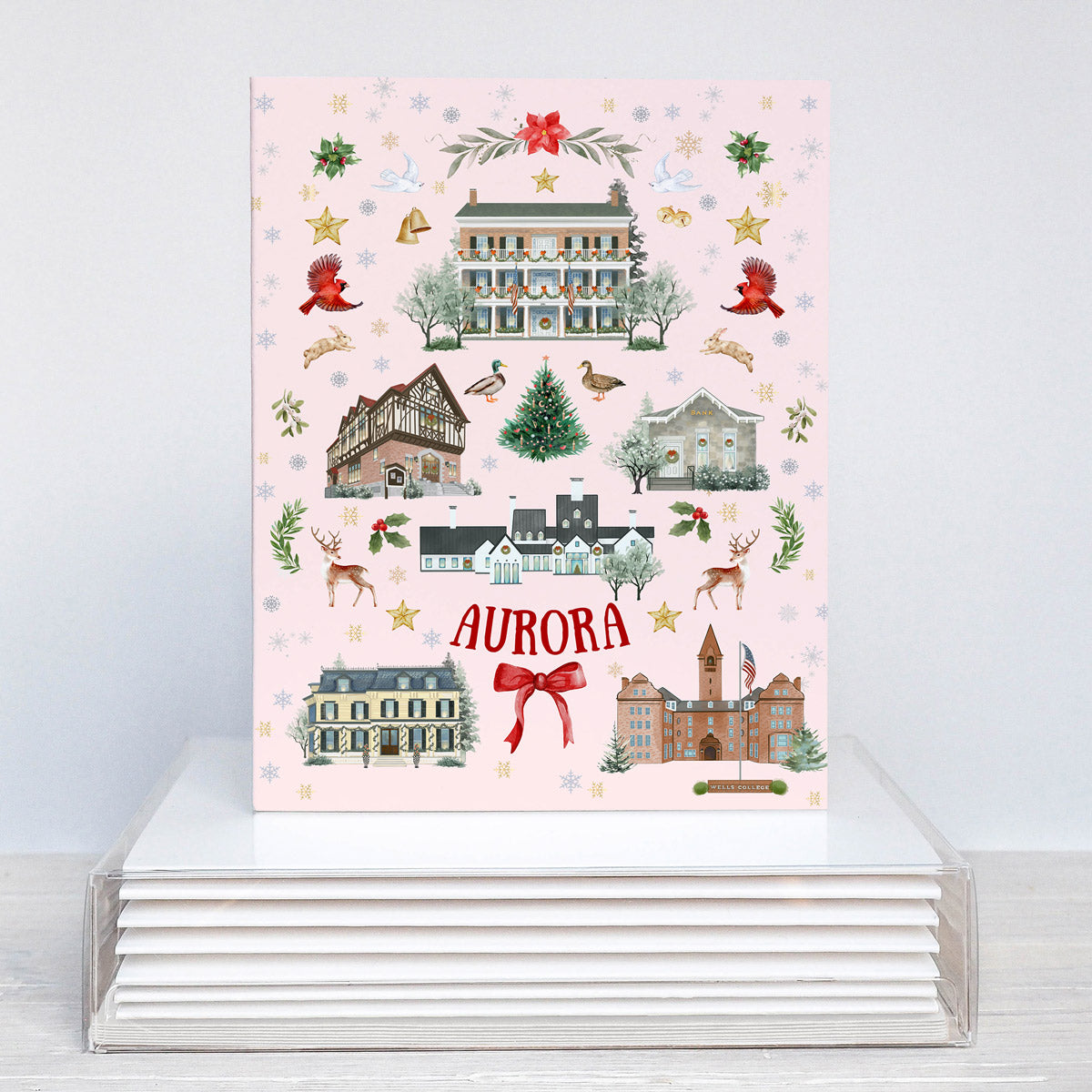 Aurora, NY Folk Art Christmas Folded Cards - Pink