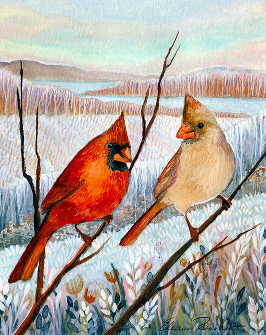 Winter's Messengers — Original Cardinal Watercolor Painting, Brown Wood Frame 5.5"x7"