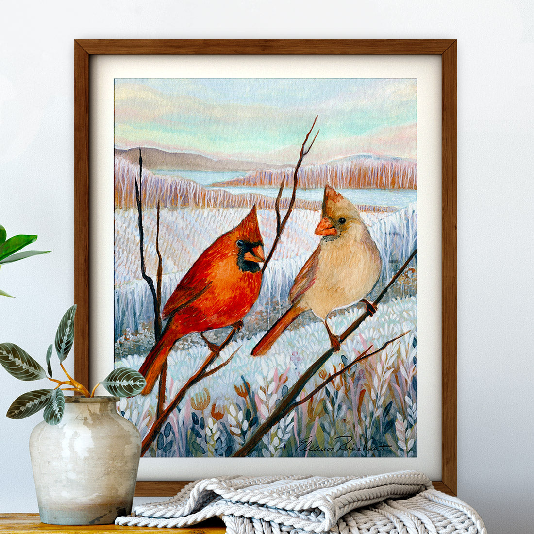 Winter's Messengers — Original Cardinal Watercolor Painting, Brown Wood Frame 5.5"x7"