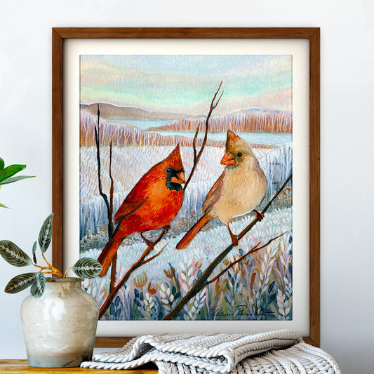 Winter's Messengers — Original Cardinal Watercolor Painting, Brown Wood Frame 5.5"x7"