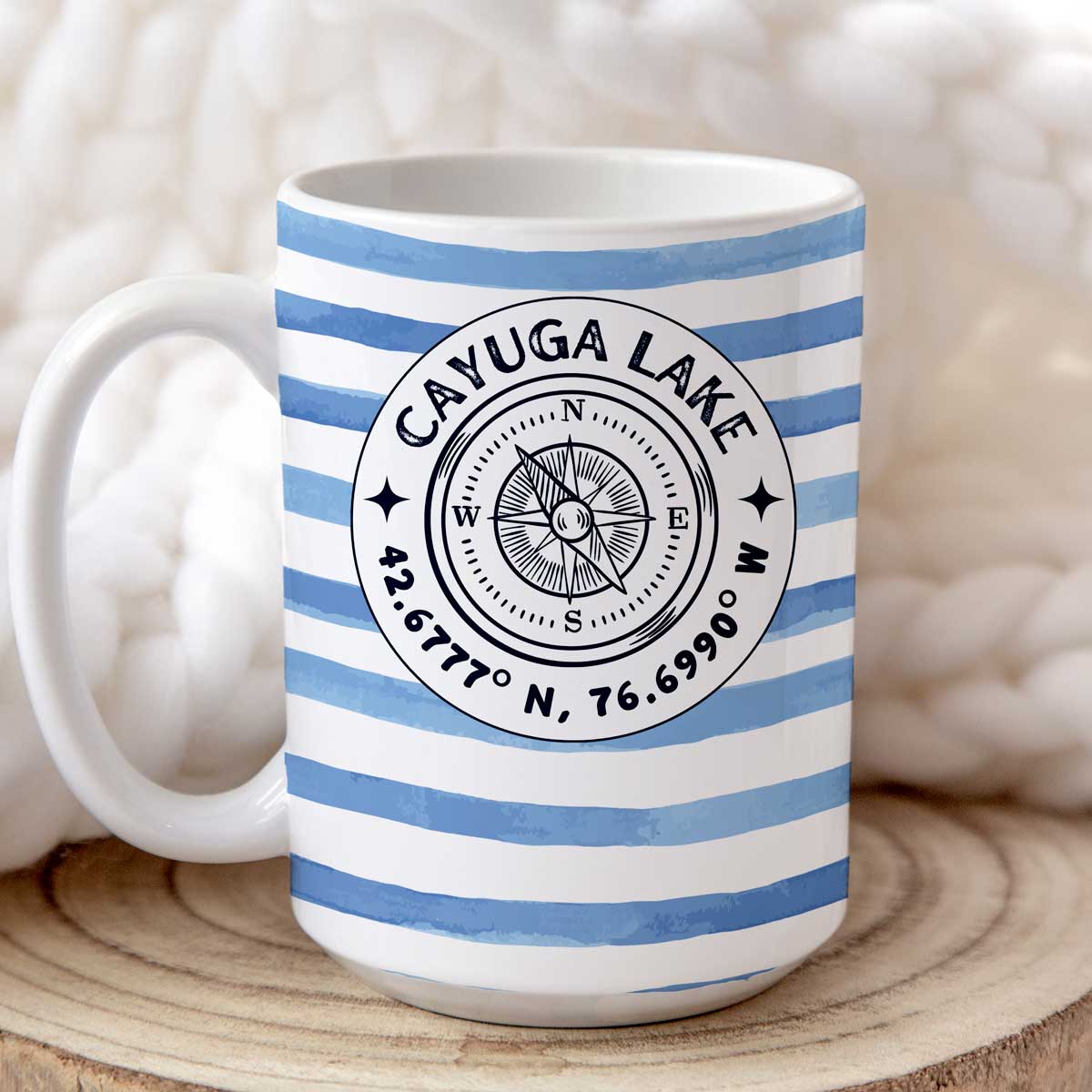 Cabana Stripe Compass Rose, Customized with your favorite lake - 15oz Mug