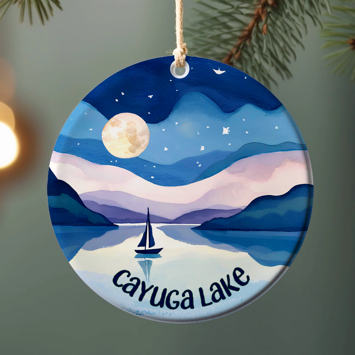Cayuga Lake Sailboat Ornament – Ceramic Christmas Ornament with Full Moon Watercolor Art (Copy) (Copy)