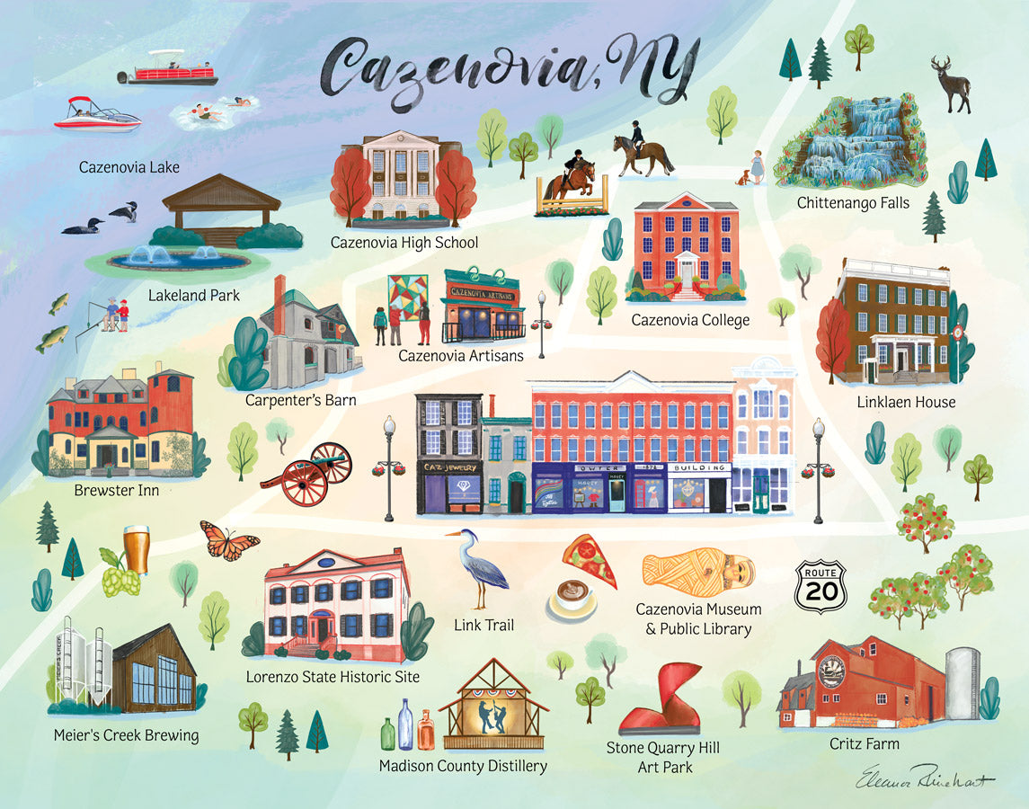 Cazenovia NY Illustrated Map, Hand Painted Illustration - Fine Art Print - Made in the USA