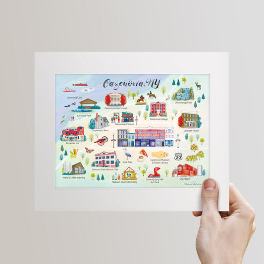Cazenovia NY Illustrated Map, Hand Painted Illustration - Fine Art Print - Made in the USA