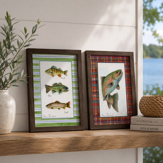 Three Good Reasons - Trout, Bass, Perch fish  — Original Watercolor with Hand-Painted Mat, Brown Wood Frame