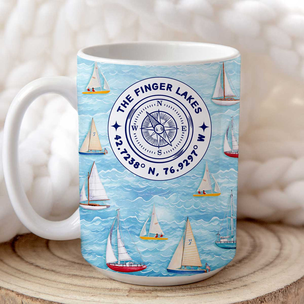 Sailboats Compass Rose, Customized with your favorite lake - 15oz Mug