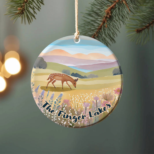 Finger Lakes Deer Ornament – Ceramic Christmas Ornament with Wildflower Lake Scene