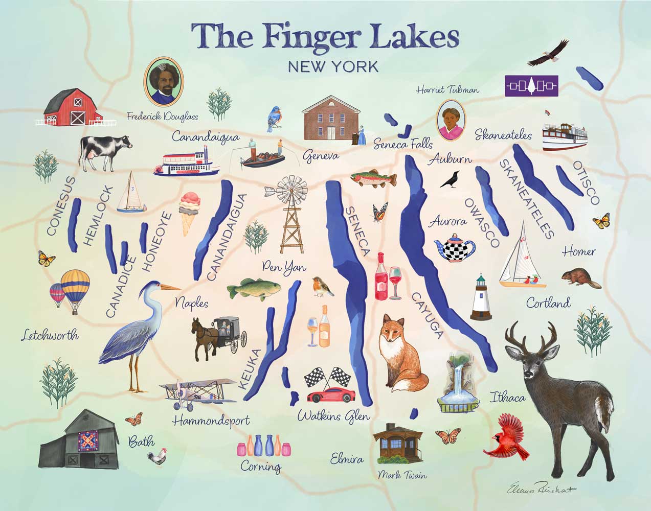 Finger Lakes NY Illustrated Map, Hand Painted Illustration - Fine Art Print - Made in the USA