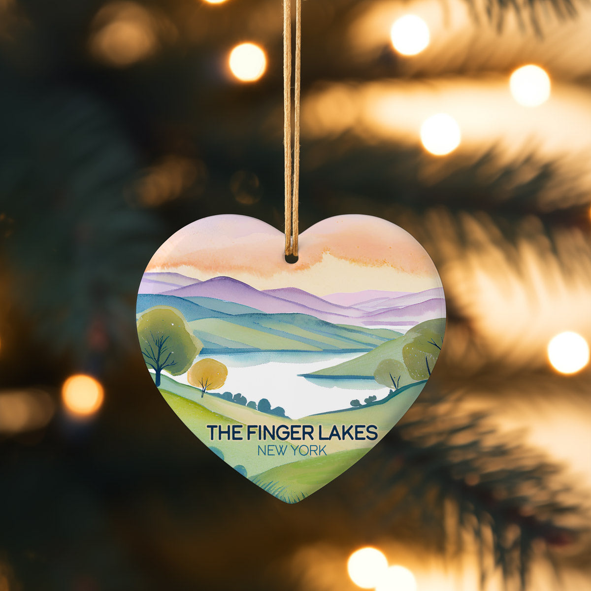 Finger Lakes Landscape Scene Heart Ornament – Ceramic Christmas Ornament with Wildflower Lake Scene