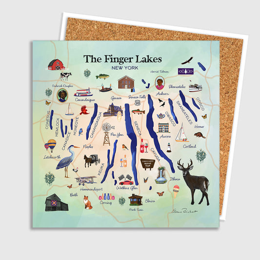 The Finger Lakes Map Ceramic Art Tile – Illustrated Coaster with Cork Backing
