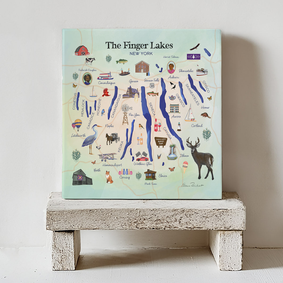 The Finger Lakes Map Ceramic Art Tile – Illustrated Coaster with Cork Backing