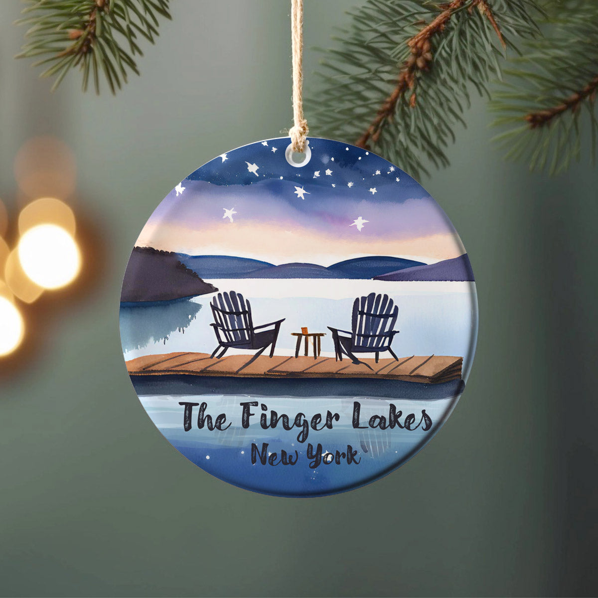 Finger Lakes Chairs Ornament – Ceramic Christmas Ornament with Full Moon Watercolor Art