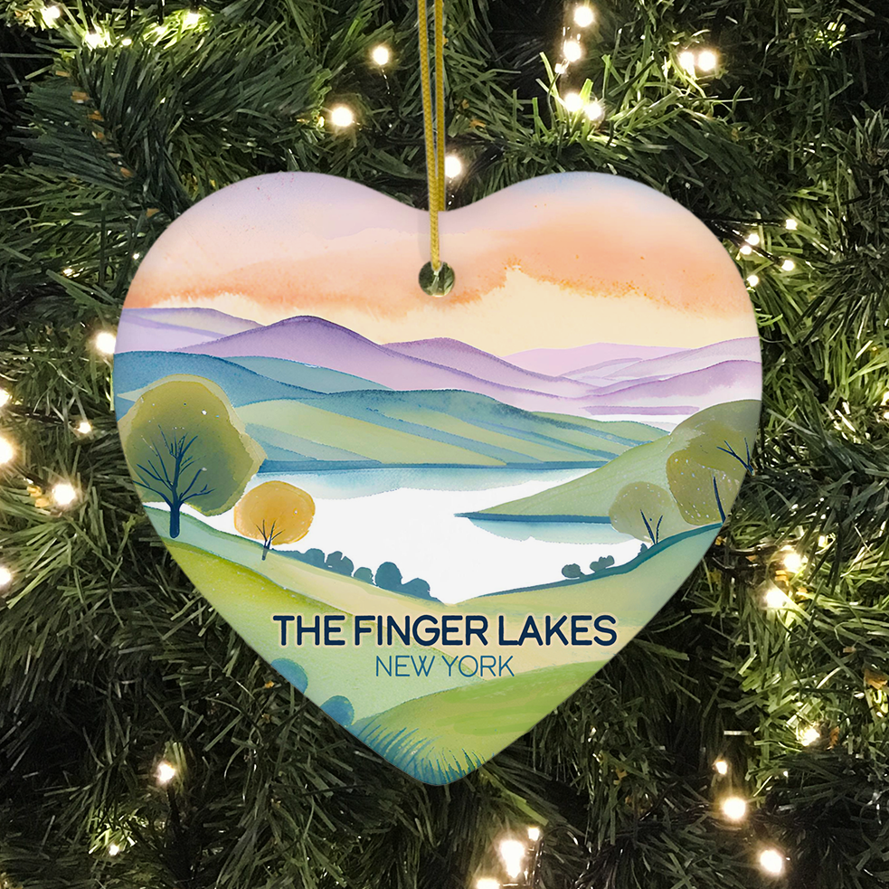 Finger Lakes Landscape Scene Heart Ornament – Ceramic Christmas Ornament with Wildflower Lake Scene