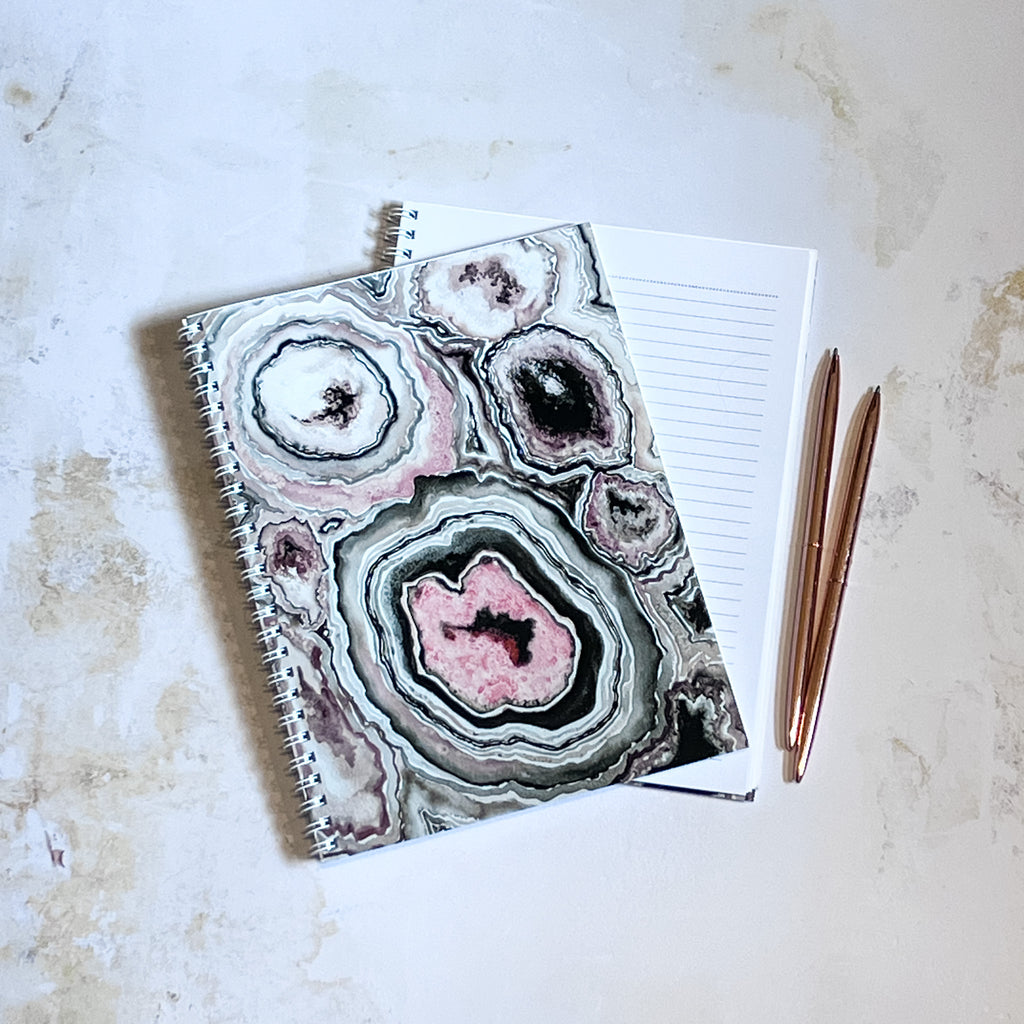 Pink Geode spiral notebook, lined pages