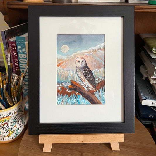 Moonlight Sentinel — Original Owl Watercolor Painting, Black Wood Frame 6"x9"