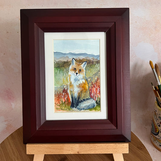 Autumn Fox in the Wildflowers — Original Watercolor Painting, Red/Brown Wood Frame 6"x10"