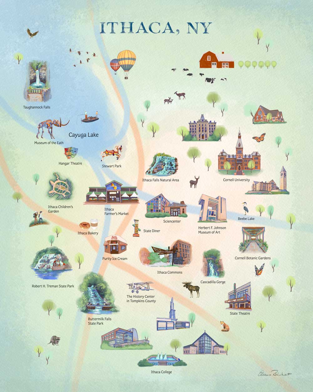 Ithaca, NY City Map Summer Fine Art Print