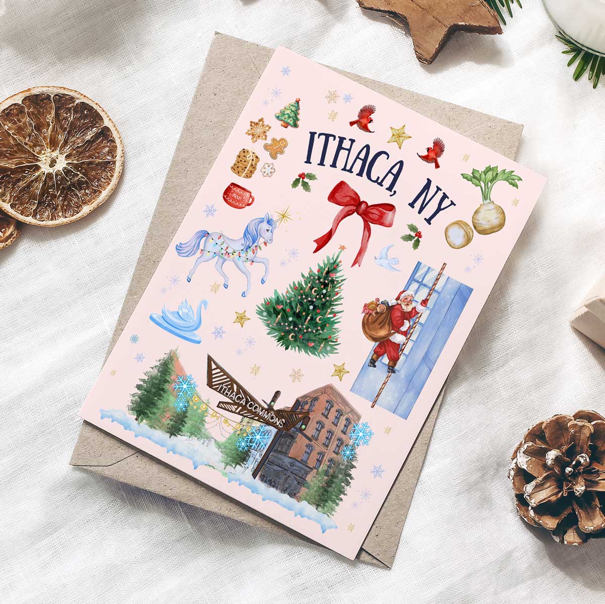 Ithaca, NY Folk Art Christmas Folded Cards PINK