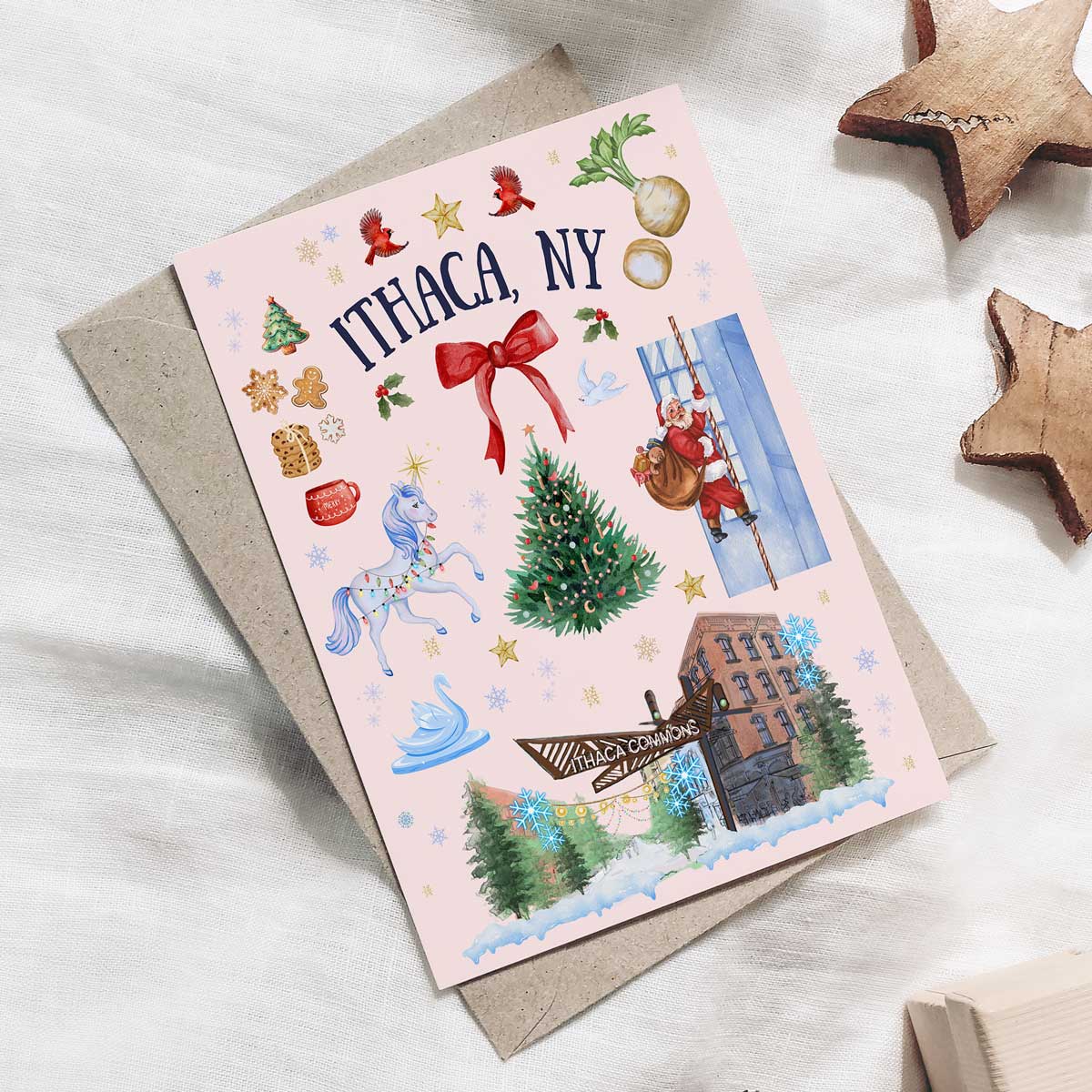 Ithaca, NY Folk Art Christmas Folded Cards PINK