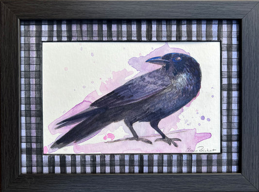 The Lone Crow — Original Watercolor with Hand-Painted Mat, Black Wood Frame (3.5" x 5.5")