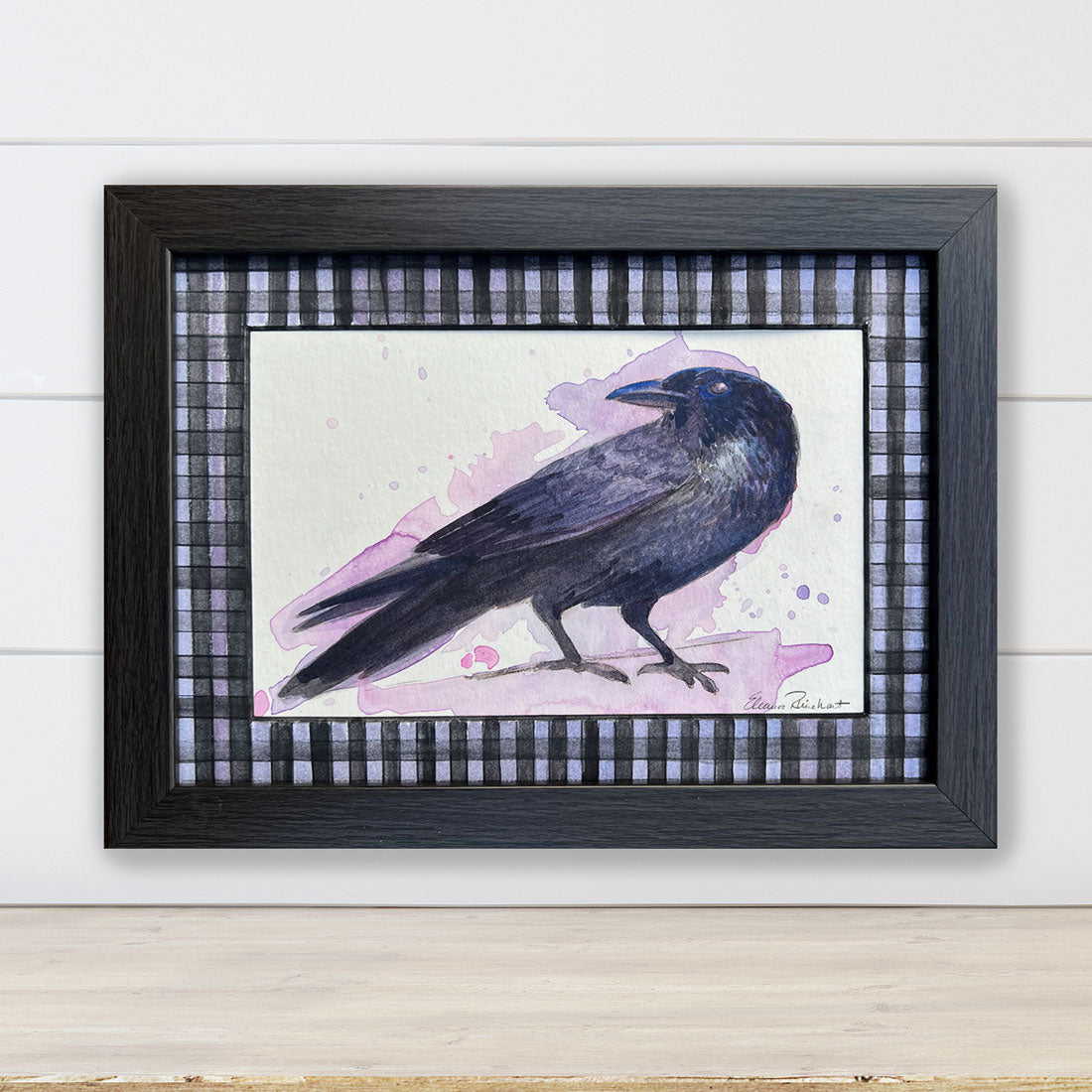 The Lone Crow — Original Watercolor with Hand-Painted Mat, Black Wood Frame (3.5" x 5.5")