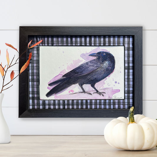 The Lone Crow — Original Watercolor with Hand-Painted Mat, Black Wood Frame (3.5" x 5.5")