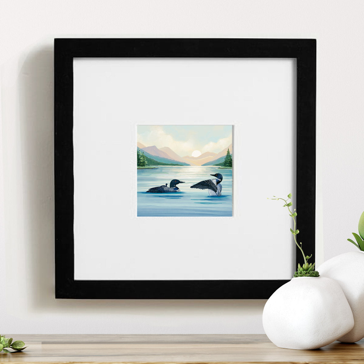 Loons Birds, Adirondack Park Framed Mini Print, Hand Painted Watercolor, 4x4 in 8x8 Frame, Made in the USA