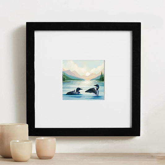 Loons Birds, Adirondack Park Framed Mini Print, Hand Painted Watercolor, 4x4 in 8x8 Frame, Made in the USA