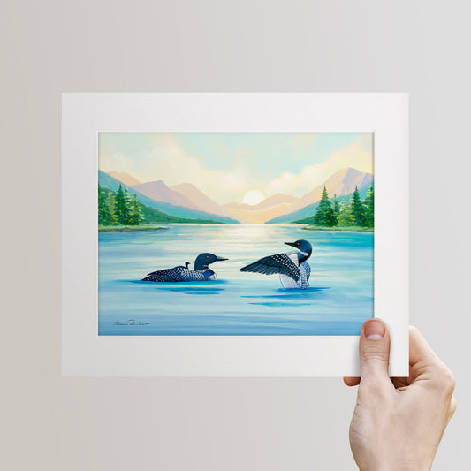 Loons, Adirondack Park, NY Sunset, Hand Painted Illustration - Fine Art Print - Made in the USA