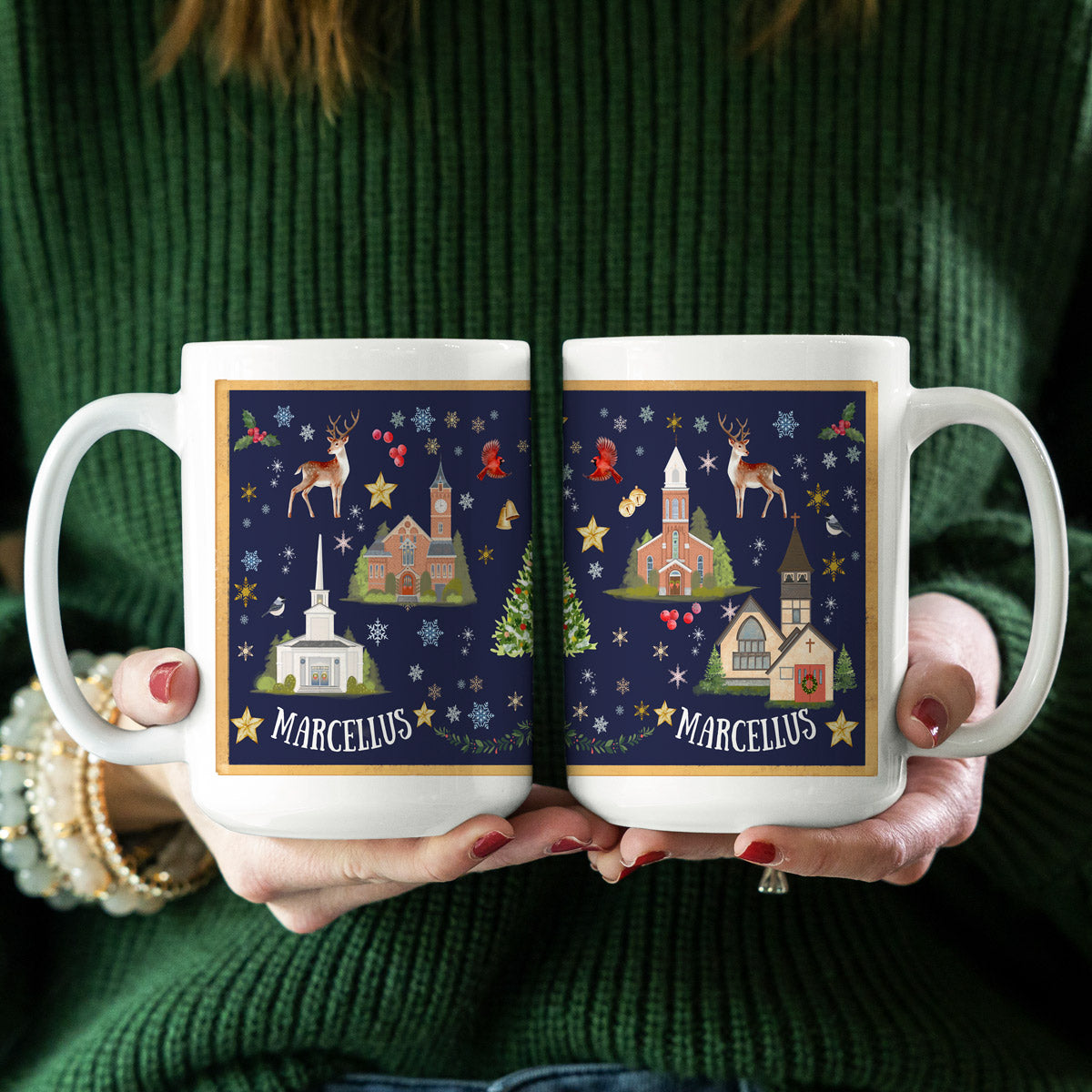 Marcellus, NY Folk Art Christmas Mugs