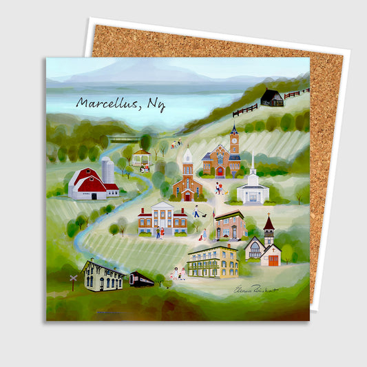 Marcellus, NY Map Ceramic Art Tile – Illustrated Coaster with Cork Backing
