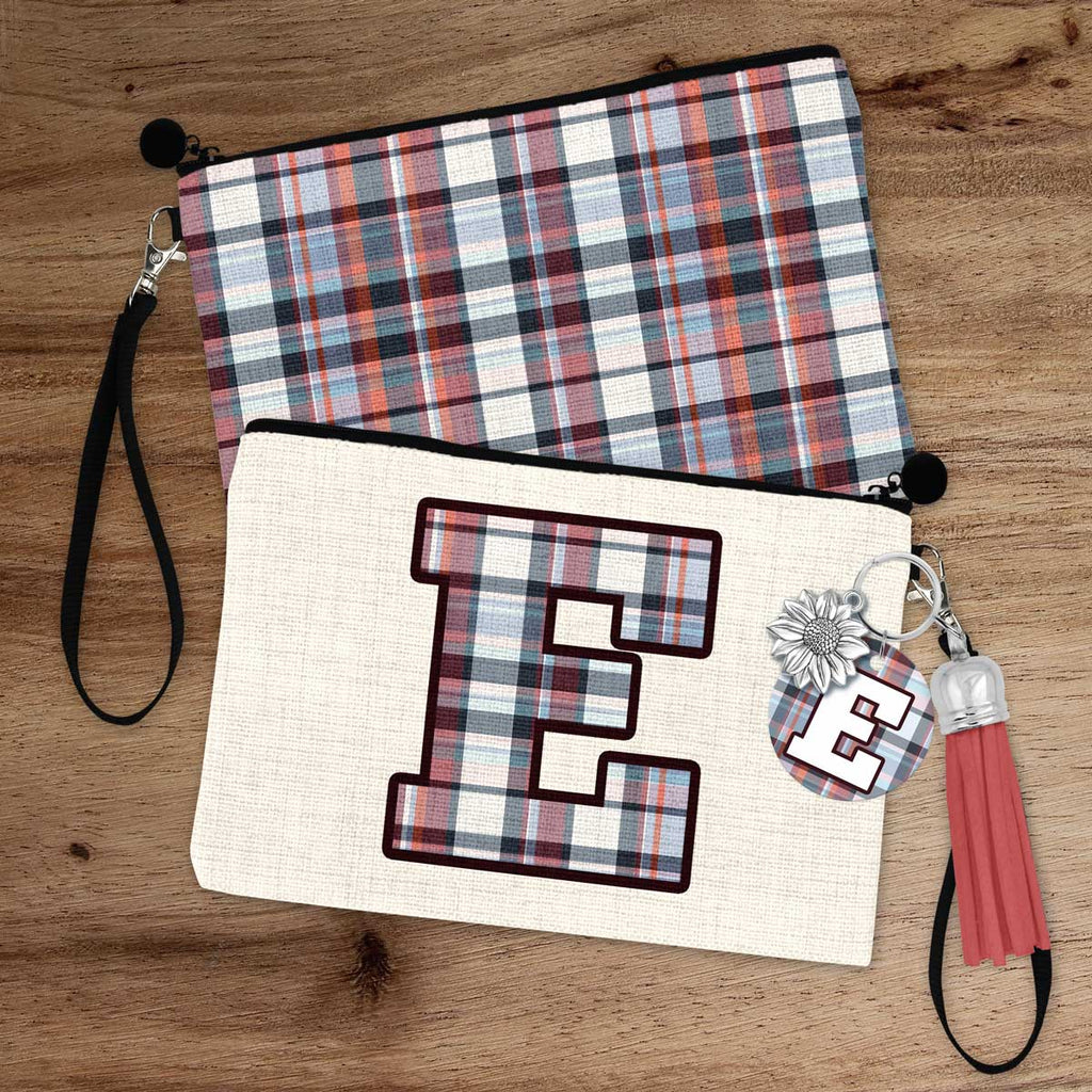 Monogram Blue, Coral, Red Plaid Zipper Pouch and Keychain