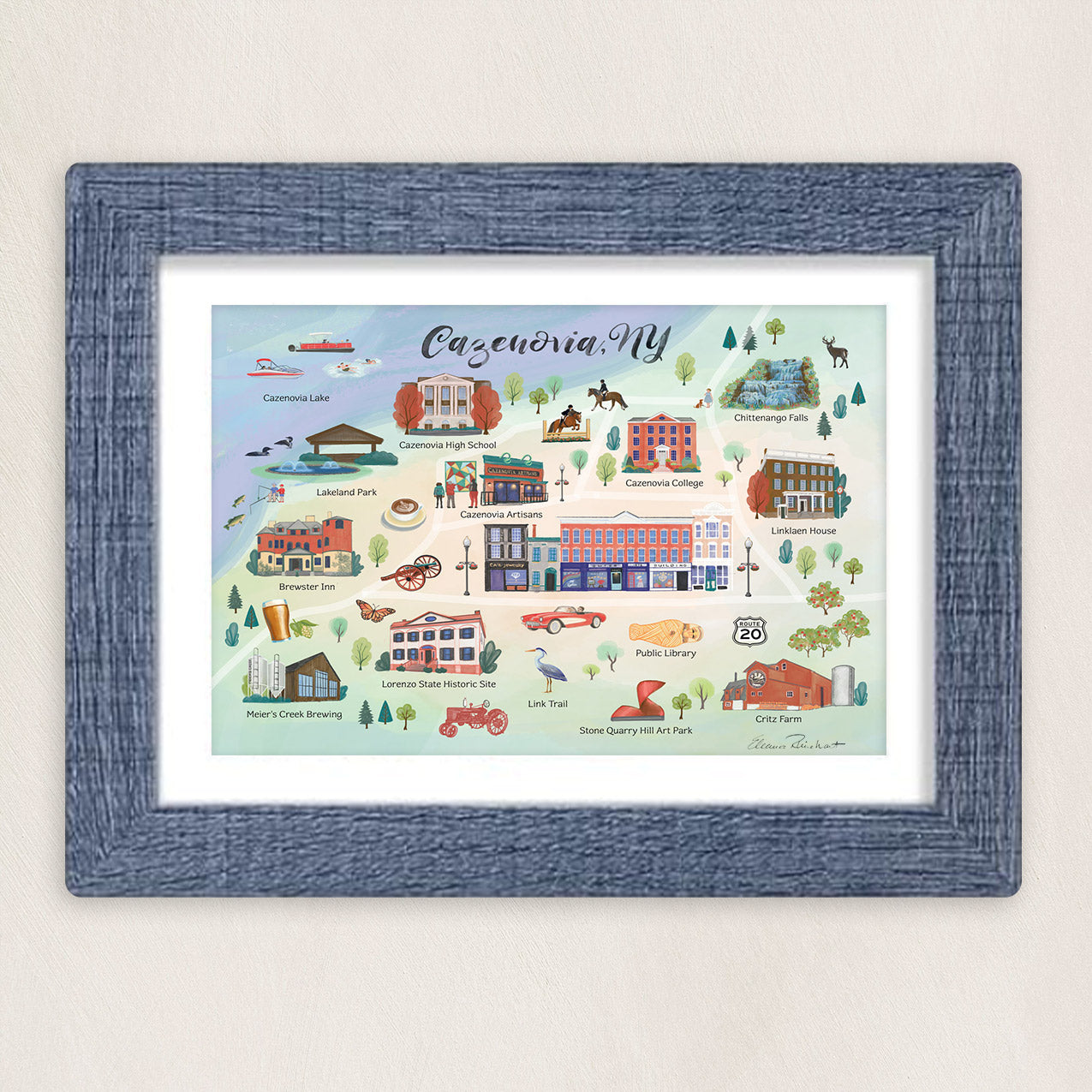 Cazenovia NY Illustrated Map, Hand Painted Illustration - Fine Art Print - Made in the USA