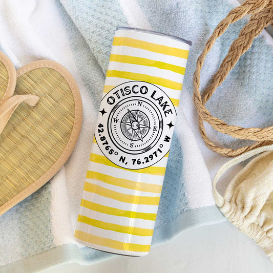 Otisco Lake Yellow Cabana Stripe Skinny Stainless Steel Hot or Cold Tumbler
