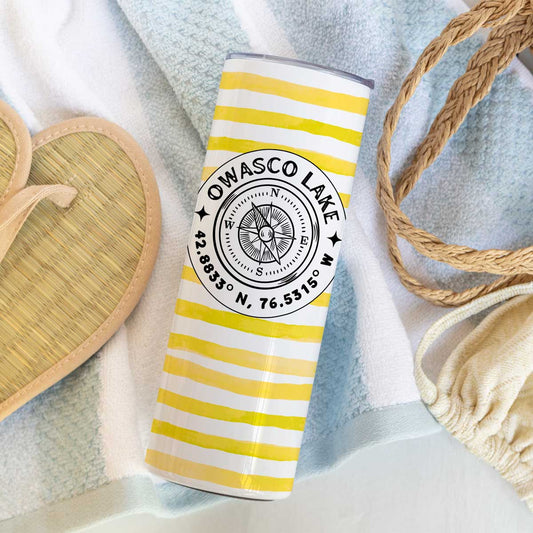 Owasco Lake Yellow Cabana Stripe Skinny Stainless Steel Hot or Cold Tumbler