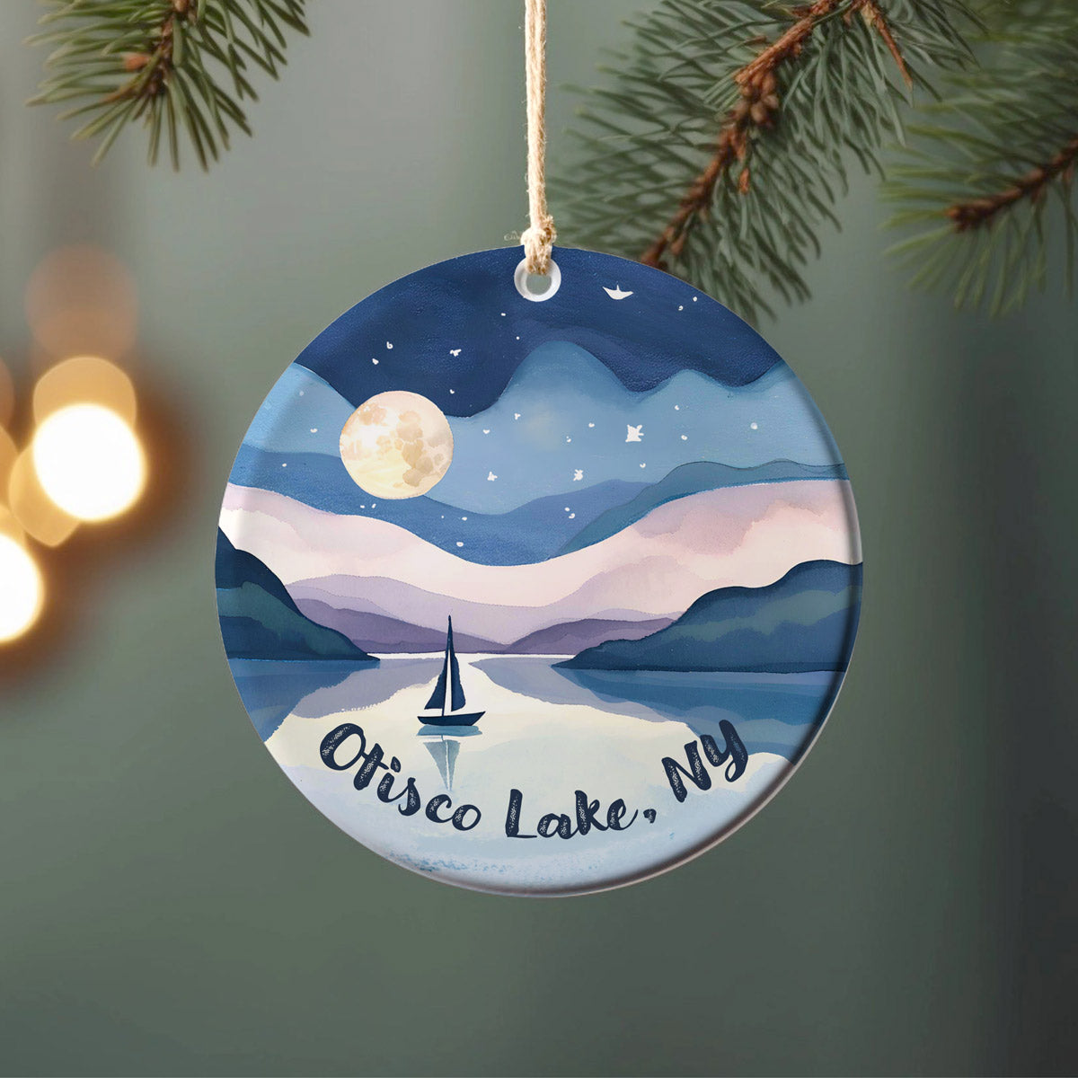 Otisco Lake Night Sailboat Ornament – Ceramic Christmas Ornament