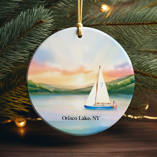 Otisco Lake Sailboat Sunrise Porcelain Ornament