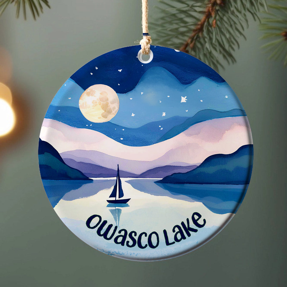 Owasco Lake Sailboat Ornament – Ceramic Christmas Ornament with Full Moon Watercolor Art (Copy)