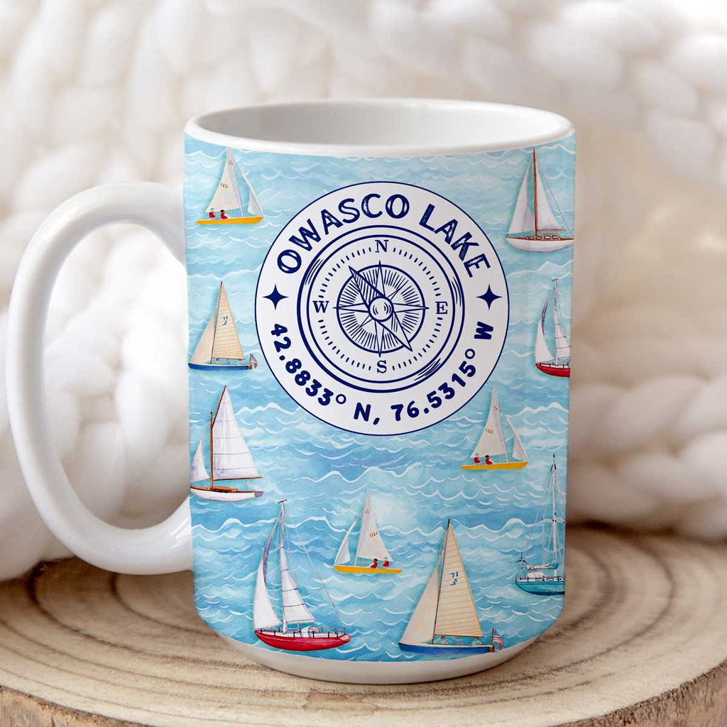 Sailboats Compass Rose, Customized with your favorite lake - 15oz Mug