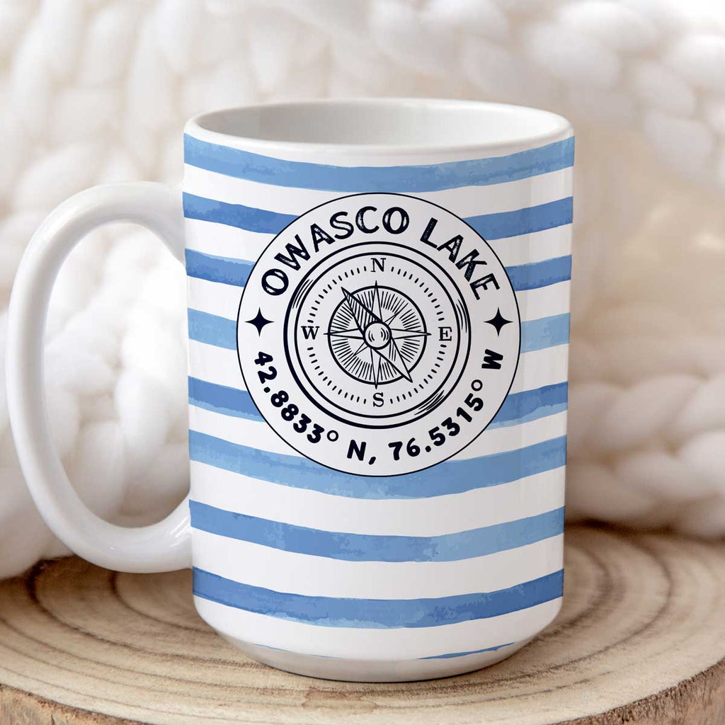 Cabana Stripe Compass Rose, Customized with your favorite lake - 15oz Mug