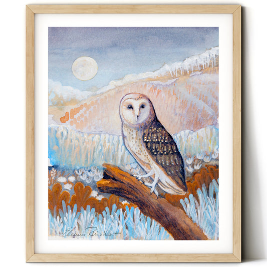 Night Sentinel of the Frozen Fields - Owl in Moonlight - Fine Art Print