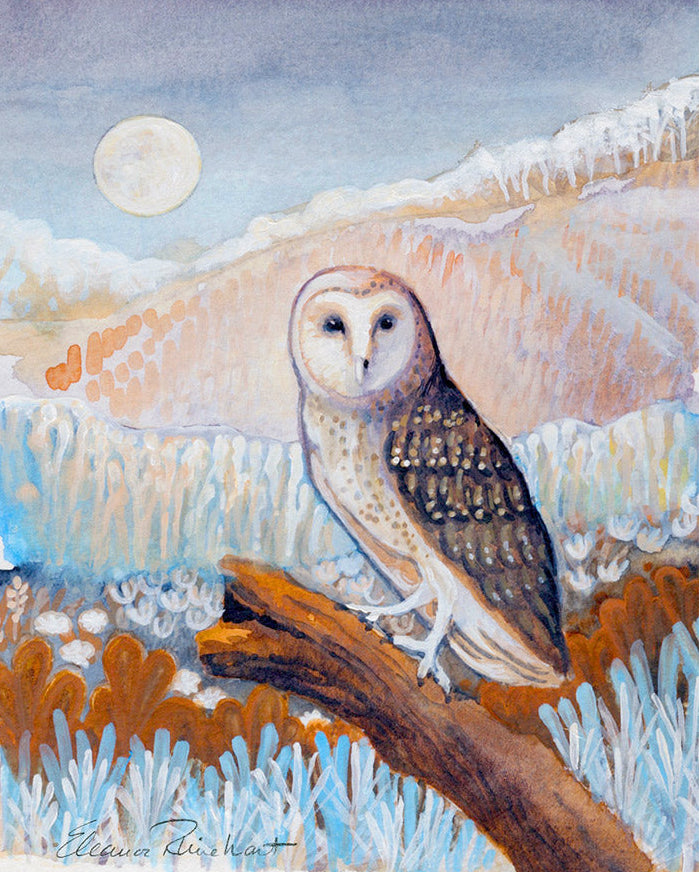 Moonlight Sentinel — Original Owl Watercolor Painting, Black Wood Frame 6"x9"