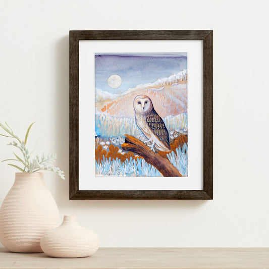 Moonlight Sentinel — Original Owl Watercolor Painting, Black Wood Frame 6"x9"