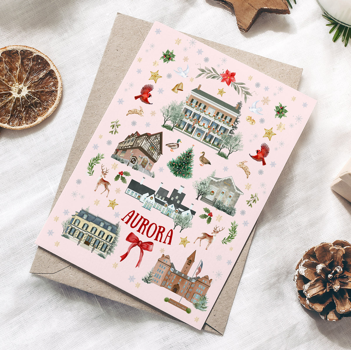 Aurora, NY Folk Art Christmas Folded Cards - Pink