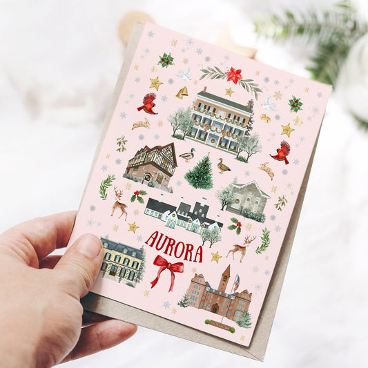 Aurora, NY Folk Art Christmas Folded Cards - Pink