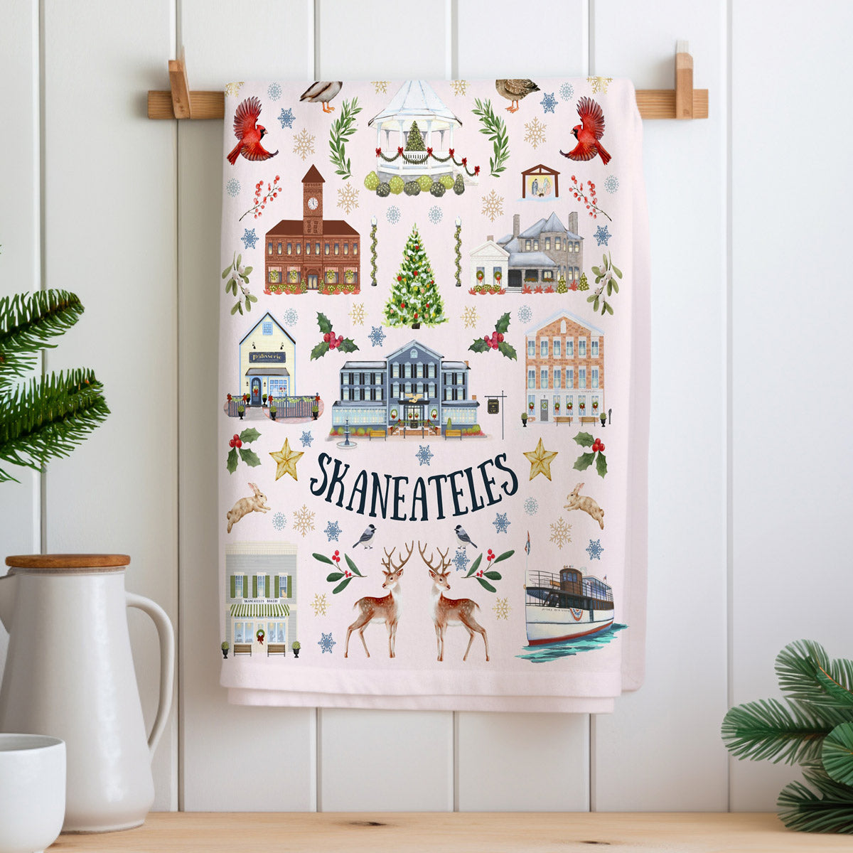 Skaneateles Folk Art Christmas Tea Towel - SALE