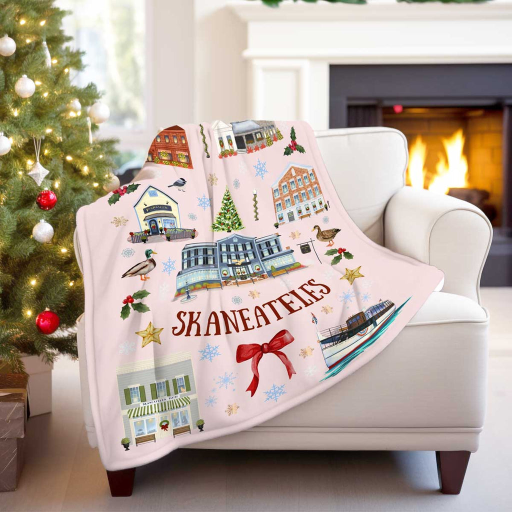 Folk Christmas in Skaneateles BLUE - Sherpa Fleece Throw Blanket