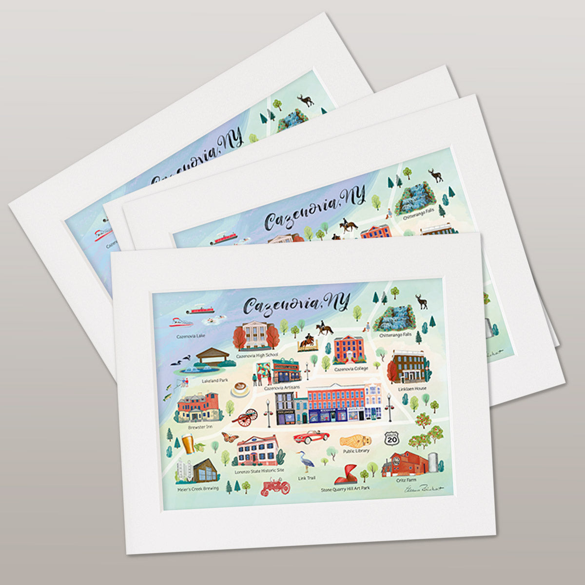 Cazenovia NY Illustrated Map, Hand Painted Illustration - Fine Art Print - Made in the USA