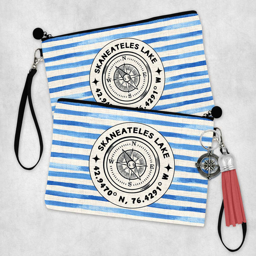 Skaneateles Lake Blue Cabana Stripe Zipper Accessory Pouch with Tassel